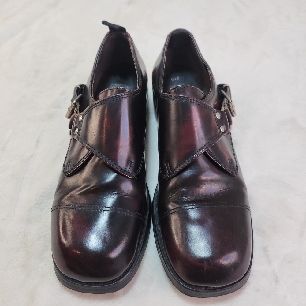 Vintage 90s Oxblood Leather Monk Strap Loafers Womens 8.5 Chunky Cyber Goth - Picture 4 of 13
